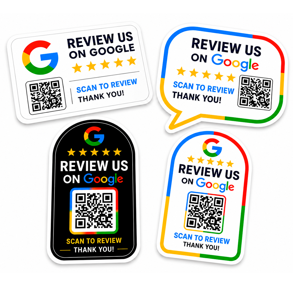 Four Google review stickers in different shapes (rectangular, speech bubble, and two arched shapes) on a plain white background. The stickers feature the Google logo, the text 'REVIEW US ON Google', 'SCAN TO REVIEW THANK YOU!', and a QR code.