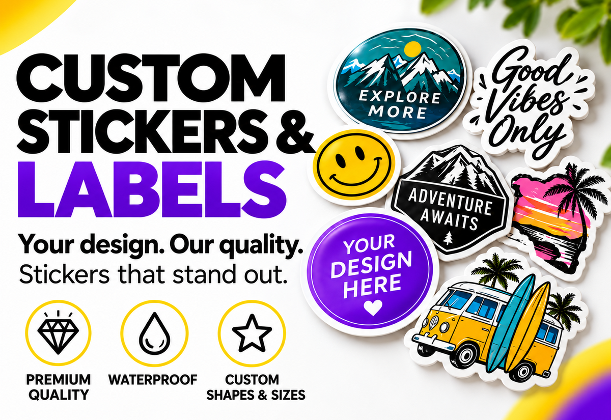 Custom stickers and labels promotional graphic with sample designs including a mountain logo, smiley face sticker, 'Good Vibes Only' text sticker, mountain badge, purple 'YOUR DESIGN HERE' circle, and a yellow retro van with surfboards. Large text reads 'CUSTOM STICKERS & LABELS' with smaller copy about premium quality, waterproofing, and custom shapes and sizes.