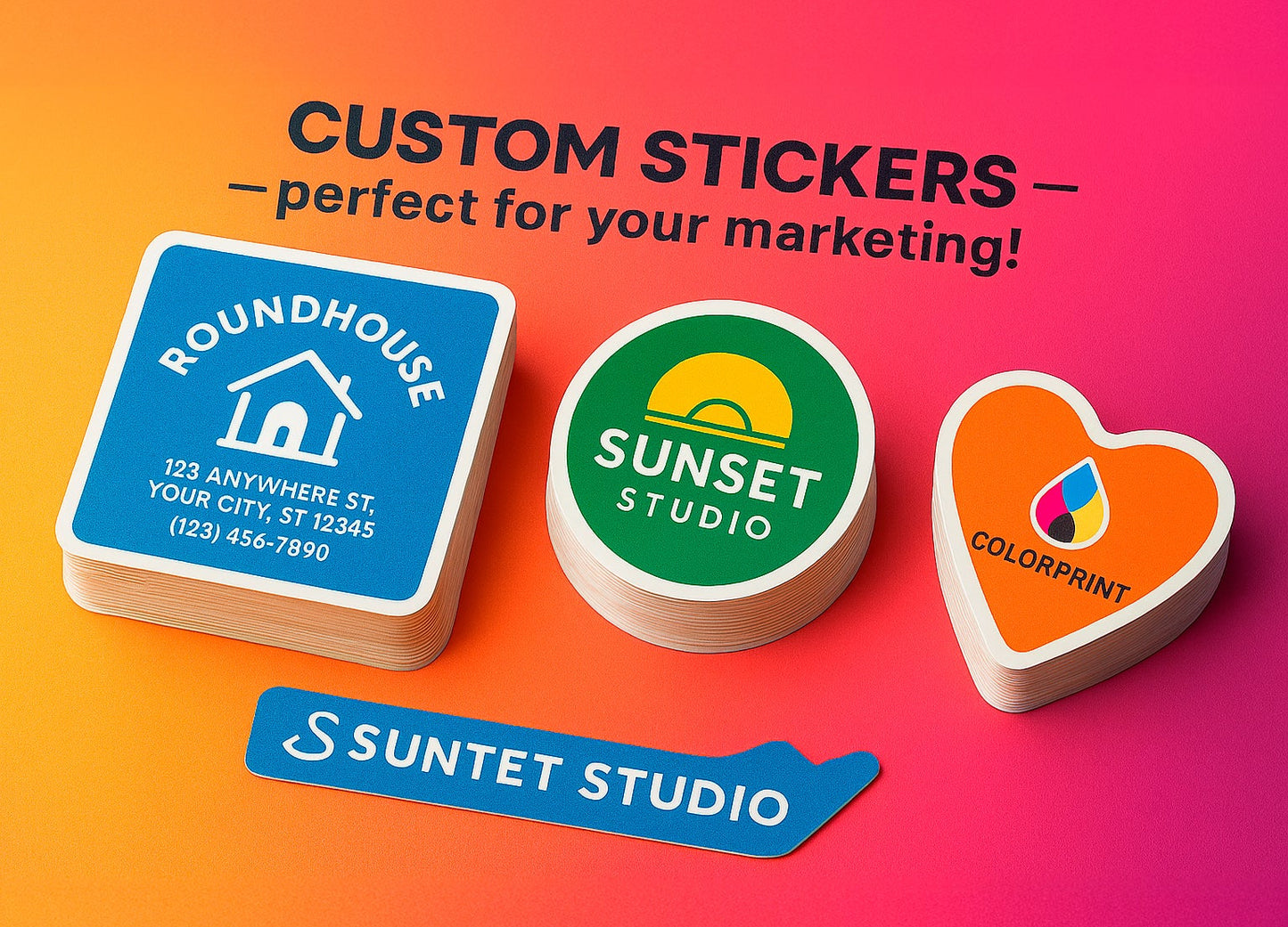 Three custom stickers with different designs on a gradient background, featuring text about custom stickers.