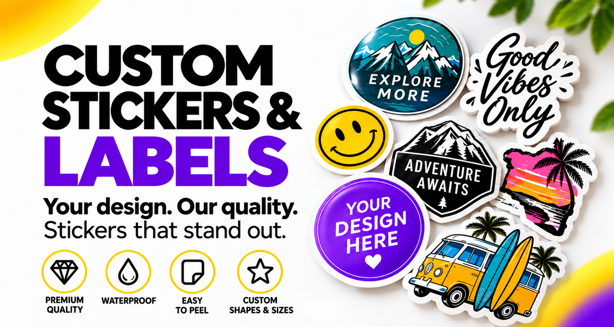 Custom stickers and labels promotional graphic with sample die-cut sticker designs including mountains, smiley face, campsite badge, sunset, van with surfboards, and text stickers on a white background with decorative yellow corner accents and green leaves.