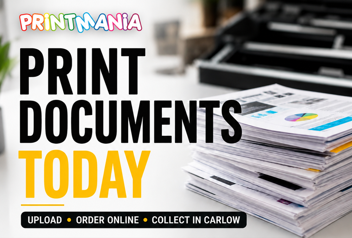 Promotional flyer for PrintMania document printing service, featuring a stack of printed documents on a desk, bold text reading 'PRINT DOCUMENTS TODAY', service icons for black & white, colour printing, same-day local collection, and online ordering, with a QR code and order button.