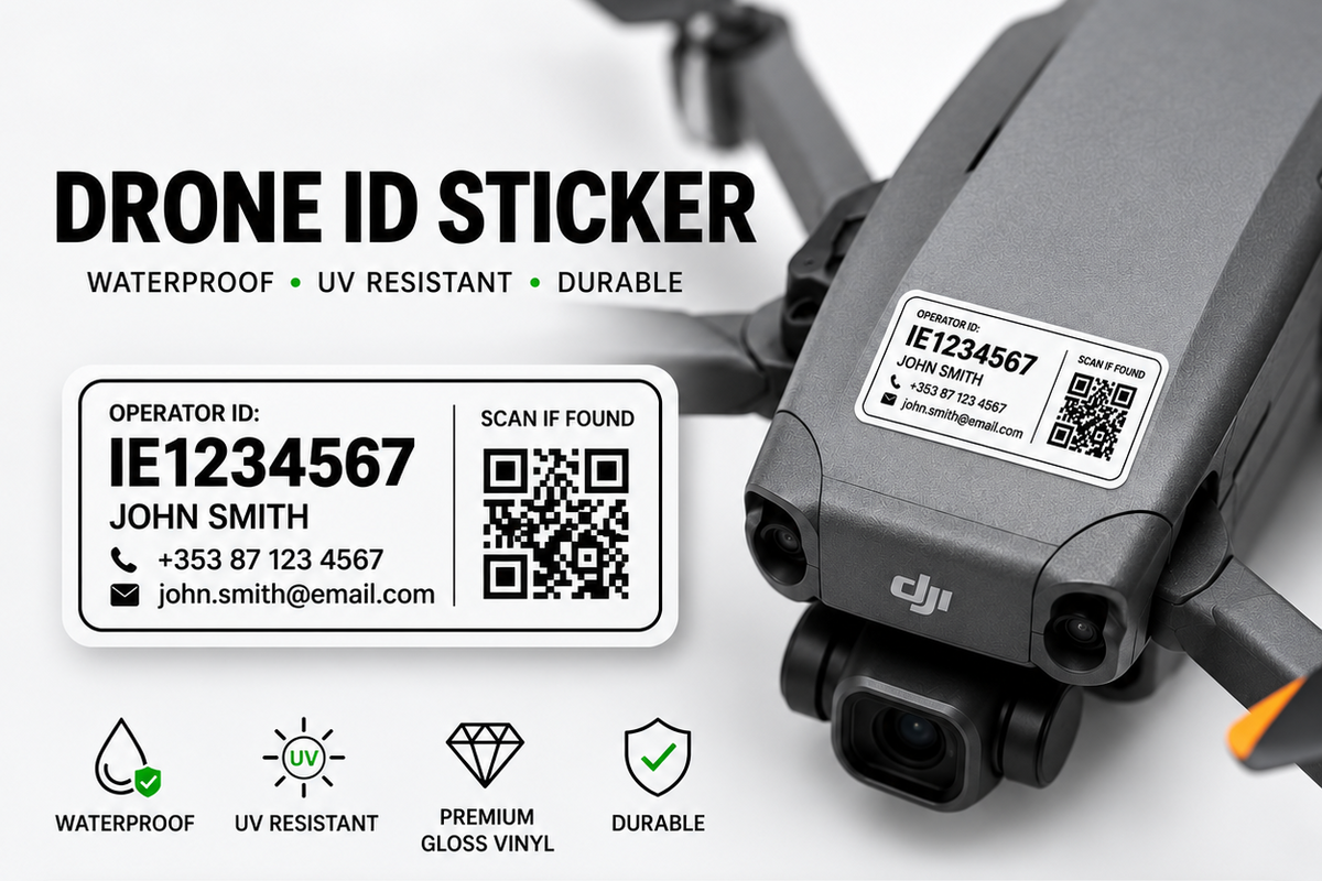 A white and black drone ID sticker shown applied to a gray DJI drone, with text highlighting waterproof, UV resistant, and durable qualities. The image includes feature icons and a sample operator card on a clean white background.