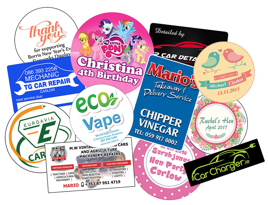 Collection of custom printed stickers with various designs and text on a white background.